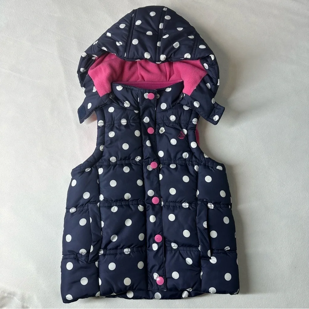 JoJo Maman Bébé Navy Polka Dot Puffer Vest 3Y Detachable Hood Fleece Lined